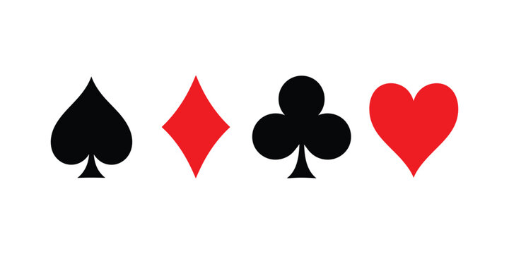 Playing card suit symbols collection featuring spade diamond club and heart icons designed as minimalist black and red flat graphic elements on clean white background for modern casino game design.