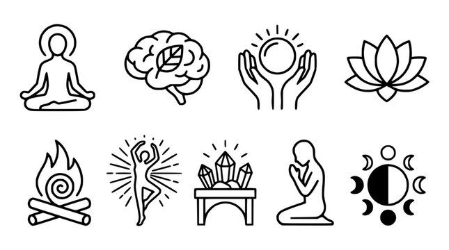 Holistic Wellness Icons: Meditation, Brain, Crystals, Lotus, Fire, Dance, Prayer, Moon Phases