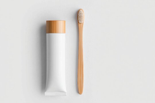 Bamboo toothbrush and blank toothpaste tube for sustainable eco branding mockup