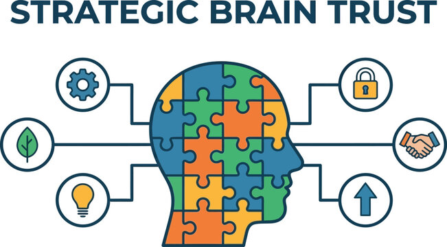 Strategic brain trust concept vector, human head silhouette with colorful jigsaw puzzle pieces, business intelligence and mental problem solving icon set