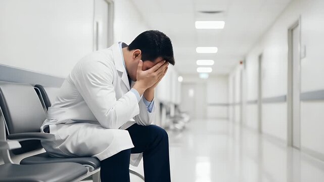 A deeply distressed doctor sits alone in a quiet hospital hallway, overwhelmed by the emotional burden and stress of his demanding medical profession, experiencing burnout and exhaustion.