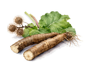 Fototapeta premium Watercolor Illustration of Burdock Root with Leaves and Seed Burrs Isolated on White