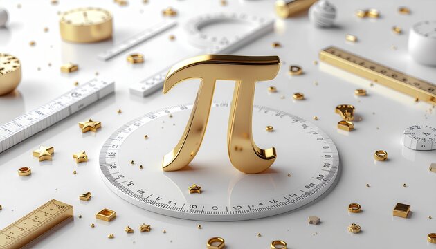 3D golden Pi symbol standing among mathematical geometry tools and rulers on a clean white background, Pi Day education concept
