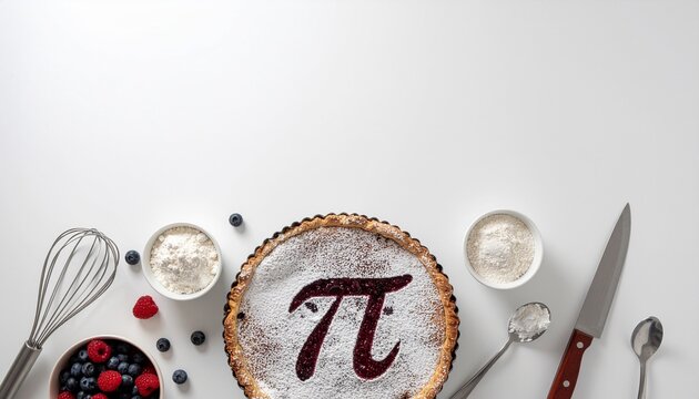 Top view flat lay of a Pi Day pie featuring a berry jam Pi symbol and powdered sugar, surrounded by fresh berries and baking utensils on a white background with large copy space