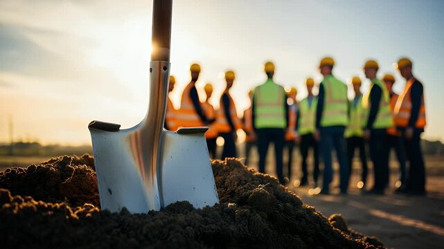 Metal shovel standing firmly in the pile of dirt on a construction site with blurred professional workers wearing yellow hard hats in the sunny morning light