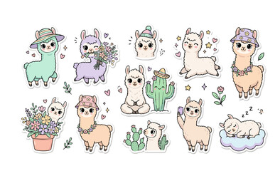 Fototapeta premium Cute Llama Sticker Pack, Adorable Kawaii Llamas Wearing Tiny Hats, Holding Flowers, and Drinking Boba Tea, Playful Pastel Hand-Drawn Doodle Style