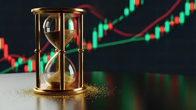 Elegant golden hourglass with flowing sand against a backdrop of a dynamic financial stock market trading chart signifying urgency and investment strategy