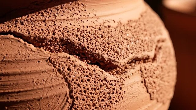 Closeup of ancient cracked terracotta pottery with porous texture.