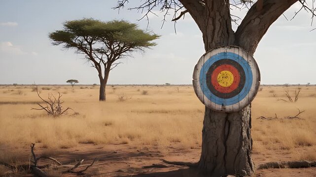 Circular archery target mounted on a rustic wooden tree trunk standing in the middle of a vast dry golden savanna under a bright clear sunny sky