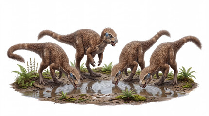 Fototapeta premium Photorealistic group of Heterodontosaurus tucki drinking water, isolated on white background, showing social behavior, detailed anatomy, and scientifically accurate paleontological reconstruction.