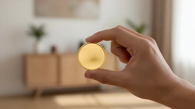 Hand holding a single shiny golden coin between thumb and forefinger showcasing wealth and investment potential against a blurred indoor background representing financial success
