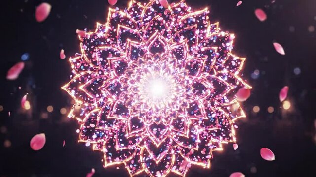 Glowing Pink Mandala, Sacred Geometry, Floating Petals, Bokeh Lights, Spiritual Abstract Art