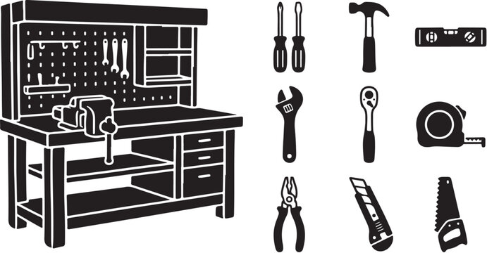Black and white illustration of workbench with tools