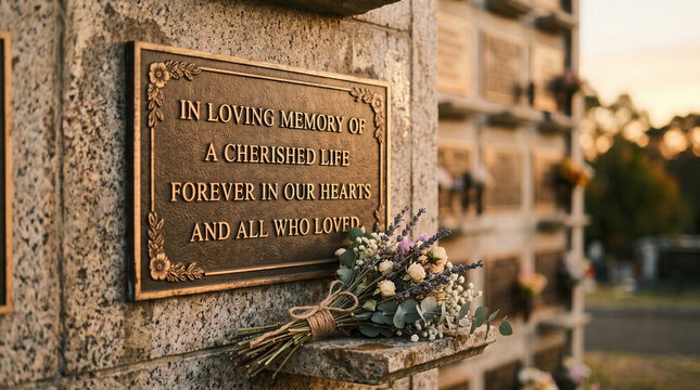 Engraved memorial plaque with loving inscription and flower bouquet at peaceful cemetery. concept of remembrance, honoring loved ones, cemetery decor., columbarium