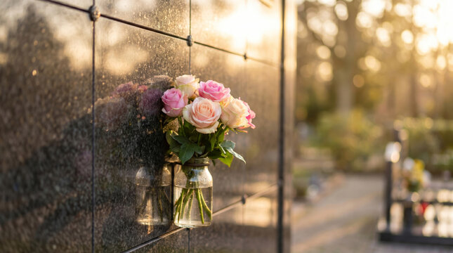 Pink and white roses in jar at polished stone columbarium during sunset. concept of remembrance, cemetery tribute, memorial flowers, columbarium