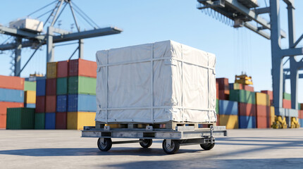 Naklejka premium A large wrapped crate on a pallet jack in a bustling shipping yard with colorful containers and cranes in the background.