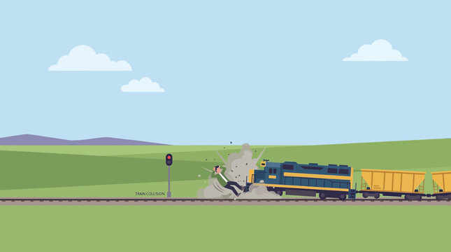 Person being hit by a train at a railway crossing in a rural landscape with green fields and blue sky, depicting a dangerous accident.