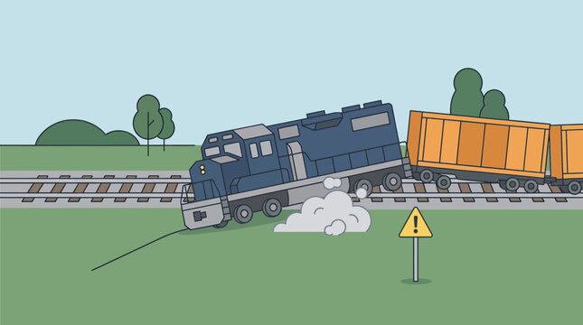Illustration of a blue train locomotive derailed off the tracks with an orange cargo car and a warning sign in a grassy landscape.