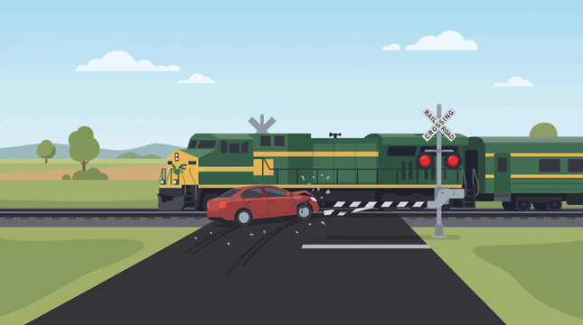 A dramatic illustration of a green train colliding with a red car at a railway crossing, highlighting the dangers of ignoring crossing signals in a rural landscape.