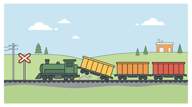 A cartoon illustration of a green train locomotive with a yellow freight car derailed on a railway track.