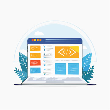 Laptop displaying code and web design elements