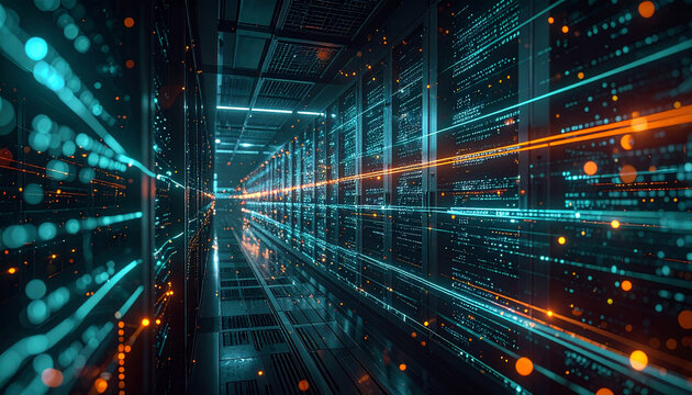 Digital Server Room with Data Flow: A futuristic server room glows with neon lights, showcasing racks of computer hardware and streams of digital data flowing through the network.