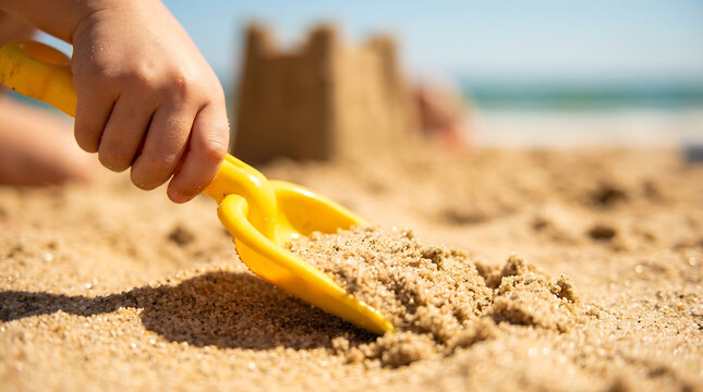 A child's hand building a sandcastle on a sunny beach with a yellow shovel