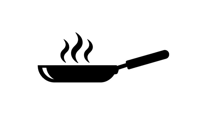 Minimal black silhouette icon, simple flat vector, bold black shape, no, no shading frying pan icon with steam rising, vector illustration of a hot skillet on a, flat icon style