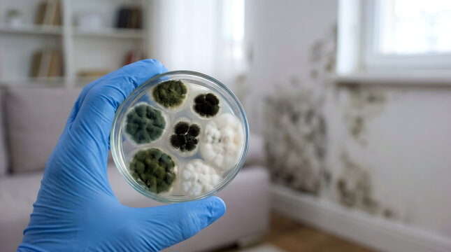 A gloved hand holding a petri dish with various mold samples in a living room with mold growth on the wall.