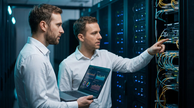 Two IT professionals working together in a server room with data center equipment