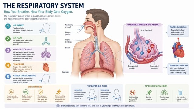 Illustrated guide to the respiratory system with diagrams of oxygen exchange, breathing process, and tips for healthy lungs. concept of human anatomy, health education, biology learning