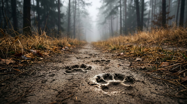 A serene forest path with animal footprints in the mud on a foggy day