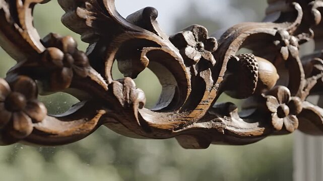 Intricate Wooden Carving Detail with Floral and Acorn Motifs.