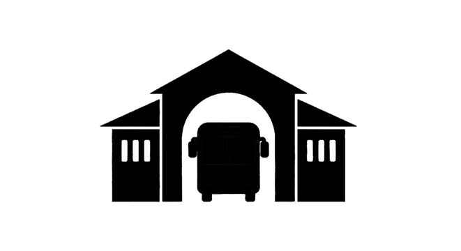 Minimal black silhouette icon, simple flat vector, bold black shape, no, no shading bus station icon or bus terminal building silhouette on a, flat icon style