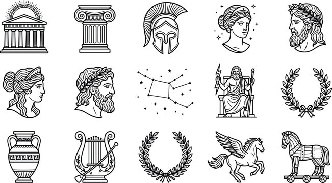Ancient Greek Mythology And Classical Architecture Icon Set Featuring Spartan Helmet Pegasus Laurel Wreath Temple And Trojan Horse