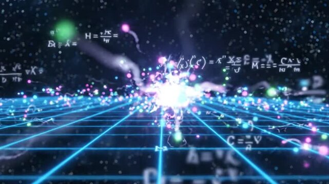 Abstract 3D grid with glowing particles and complex math equations floating in space