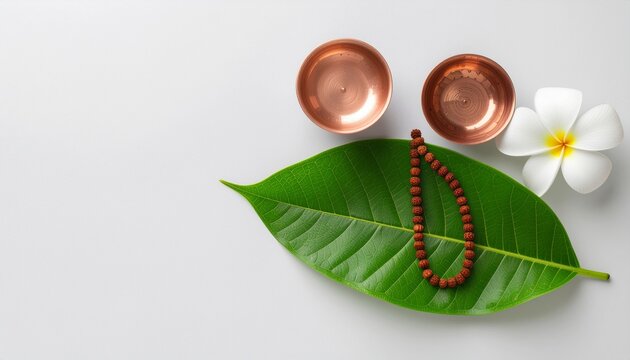 Top view flat lay of Maha Shivaratri puja offerings featuring rudraksha mala on a green leaf, copper bowls, and a white plumeria flower on a white background with copy space