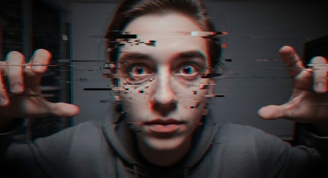 Woman with digital glitch effect on face and eyes. Concept of cyber reality, artificial intelligence error and virtual distortion, horror, Halloween