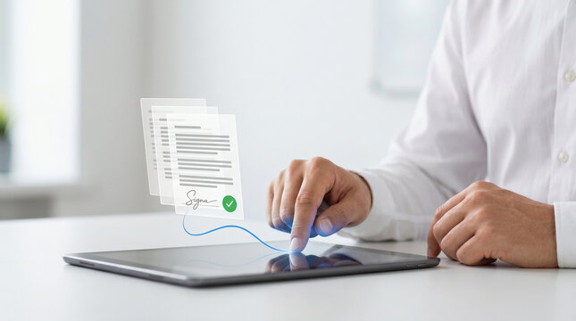 Businessman finger tapping tablet screen to approve electronic contract with glowing digital signature paper documents and green checkmark icon for legal verification concept