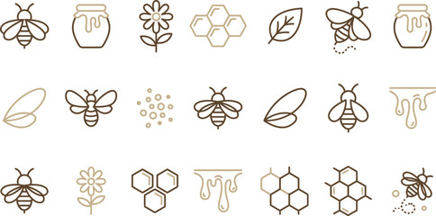 A clean vector graphic illustration set featuring bees, honey jars, flowers, and honeycomb designs © Septarim