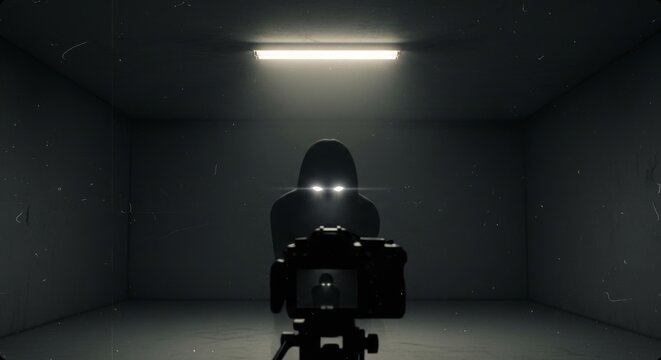 Mysterious hooded man with glowing eyes standing in dark room behind camera. Creepy figure staring at lens. Cinematic horror scene, occult, paranormal investigation, surveillance film, Halloween
