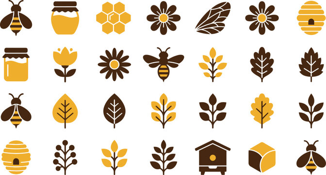 Collection of charming vector graphic illustrations featuring bees, honey jars, flowers, leaves, and beehives.