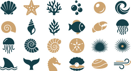 A collection of flat marine life vector illustrations in teal and beige colors © Septarim