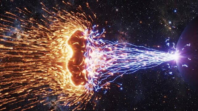 Cosmic Collision Exploding Asteroid Meets Energy Beam in Deep Space