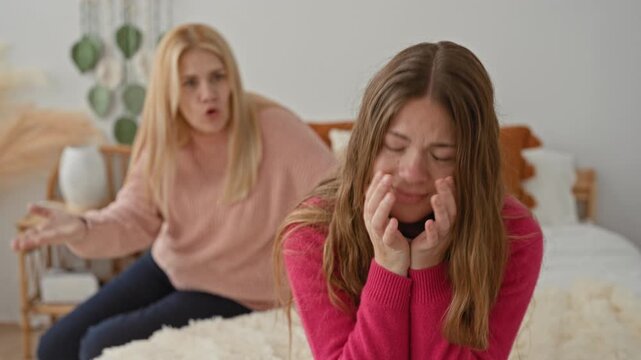 Mother and teenage daughter in bedroom, daughter crying and covering her face with hand on bed while mother gestures with open palm in the background; sadness.