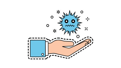 Hand protects a virus icon, symbolizing the concept of protection against illness and disease, with a stylized cartoon design © Grogolan