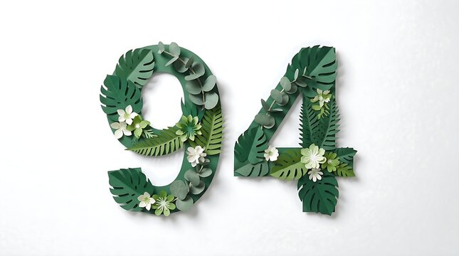 Number 94 made of green leaves and white flowers on white background, natural and fresh style