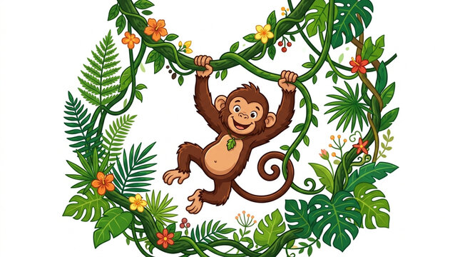 Playful cartoon monkey swinging from tropical jungle vines in vibrant illustration style