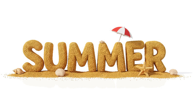 The word SUMMER rendered in sandy, textured 3D letters adorned with beach elements like seashells and a small umbrella.