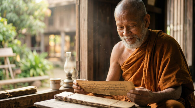 Elderly monk buddhist monk meditation spiritual temple wisdom serene expression reading manuscript robe sitting indoors by wooden window, gentle smile, warm light, traditional lifestyle